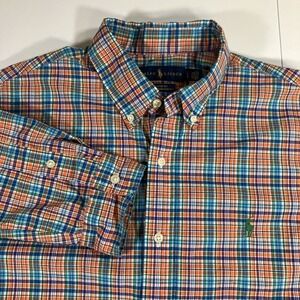 Polo Ralph Lauren Shirt Mens L Orange Blue Plaid Button Down Cotton Stretch Pony